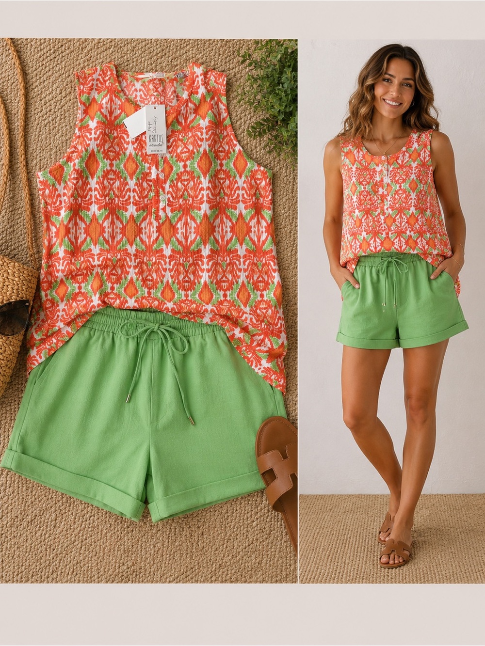 Kaktus Orange & Green Printed Sleeveless Top